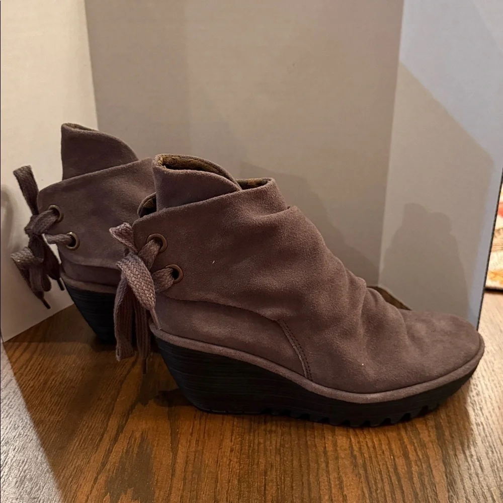 Fly London gray Suede Yama Wedge Ankle Bootie. Eu size 39. US size 8-8.5